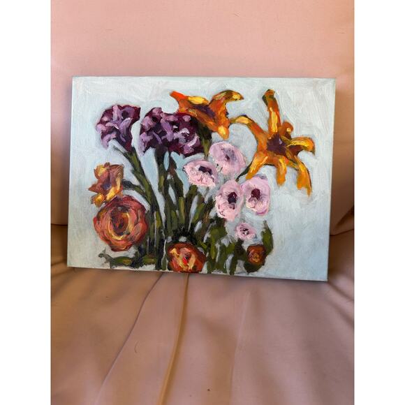OOAK Original Oil Painting Colorful Happy Bouquet On Gallery Wrapped Canvas - Picture 2 of 5
